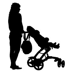 Image showing Black silhouettes Family with pram on white background. illustration