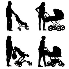 Image showing Set black silhouettes Family with pram on white background. illustration