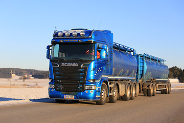 Image showing Blue Scania Tank Truck at Speed