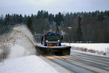 Image showing Scania Snowplow Truck Removes Snow off Road