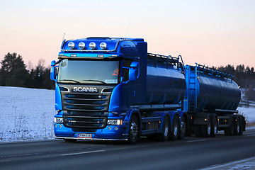 Image showing New Blue Scania Tank Truck Trucking in the Winter Twilight