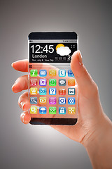 Image showing Smartphone with transparent screen in human hands.