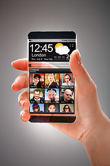 Image showing Smartphone with transparent screen in human hands.