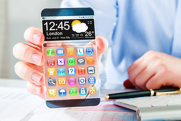 Image showing Smartphone with transparent screen in human hands.