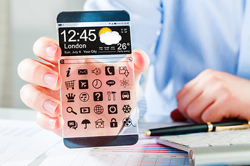 Image showing Smartphone with transparent screen in human hands.