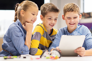 Image showing kids with tablet pc programming at robotics school