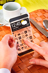 Image showing Smartphone with transparent screen in human hands.