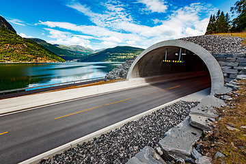 Image showing Mountain road in Norway. The entrance to the tunnel.