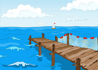 Image showing Cartoon background of blue sea with pier.