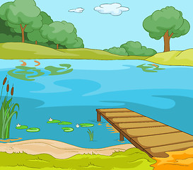 Image showing Cartoon background of forest lake with pier.