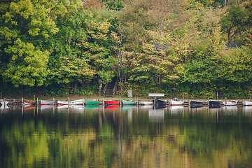 Image showing Boats on a row in a lake surrounded by green trees