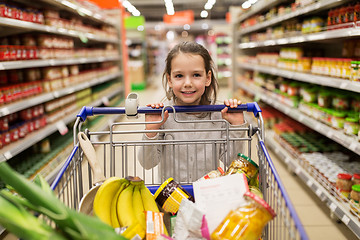 Image showing girl with food in shopping cart at grocery store