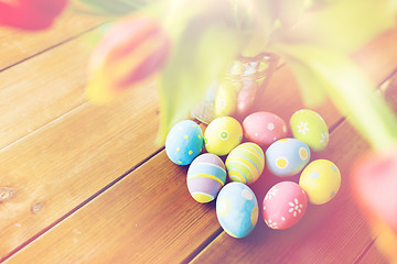 Image showing close up of easter eggs and flowers in bucket