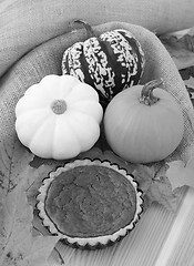 Image showing Small pumpkin pie with leaves and gourds