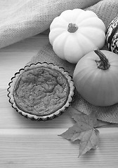 Image showing Mini pumpkin pie with fall gourds