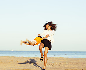 Image showing pretty diverse nation and age friends on sea coast having fun, lifestyle people concept on beach vacations 