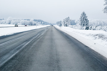 Image showing Highway in the winter, the trees covered with hoarfrost