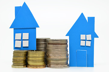 Image showing House model and stacks of coins