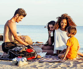 Image showing pretty diverse nation and age friends on sea coast having fun, lifestyle people concept on beach vacations