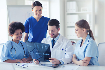 Image showing group of happy doctors discussing x-ray image