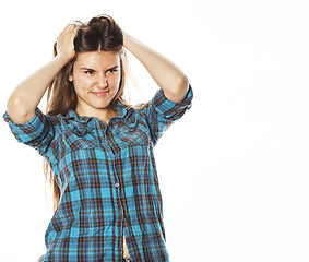 Image showing young pretty woman posing on white background isolated emotional