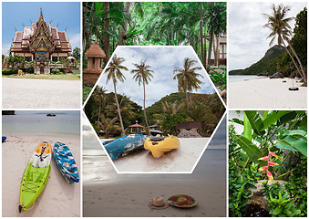 Image showing Beach on the tropical island. Thailand. Flowers. Collage