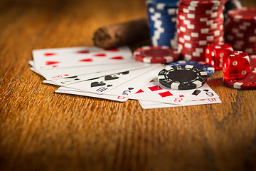 Image showing Cigar, chips for gamblings, drink and playing cards