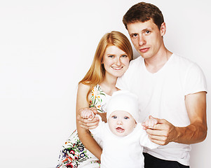 Image showing young cute happy modern family, mother father son isolated on wh