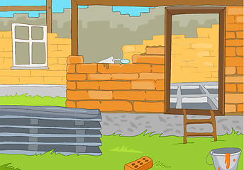 Image showing Cartoon background of rural house construction.