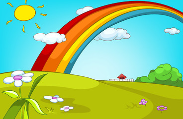 Image showing Cartoon background of summer glade with rainbow.