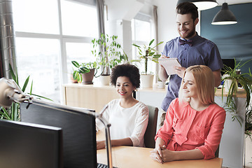 Image showing happy creative team with computer in office