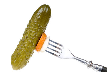 Image showing  Pickled cucumber on a fork