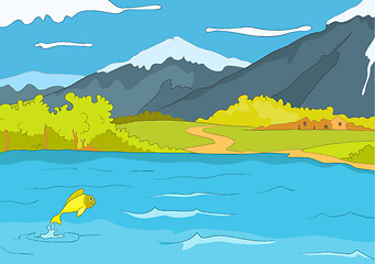 Image showing Cartoon background of mountain lake.