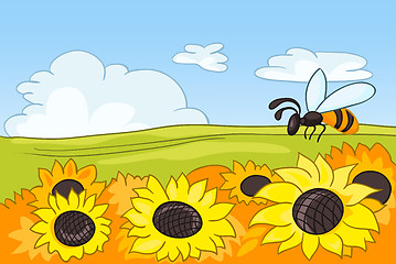 Image showing Cartoon background of field with sunflowers.