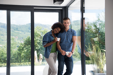 Image showing romantic happy young couple relax at modern home indoors