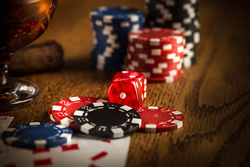 Image showing Cigar, chips for gamblings, drink and playing cards