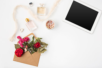 Image showing Top view of white office female workspace with laptop