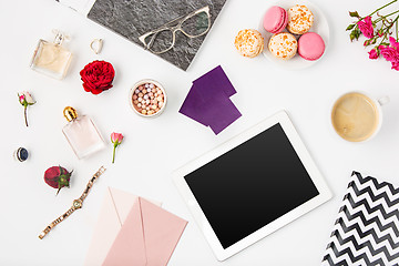 Image showing Top view of white office female workspace with laptop