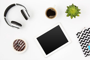 Image showing Top view of white office female workspace with laptop