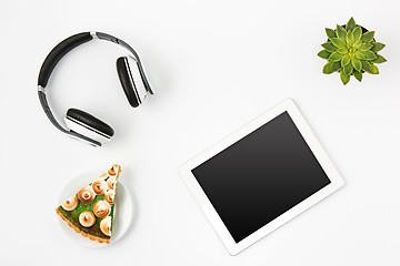 Image showing Top view of white office female workspace with laptop