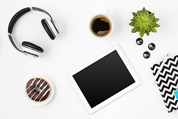 Image showing Top view of white office female workspace with laptop