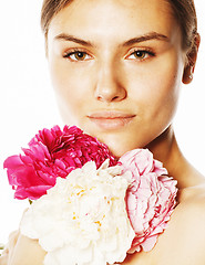 Image showing young beauty woman with flower peony pink closeup makeup soft te