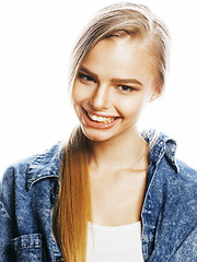 Image showing young blond woman on white backgroung gesture thumbs up, isolate