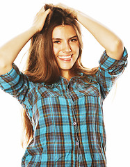 Image showing young pretty woman posing on white background isolated emotional