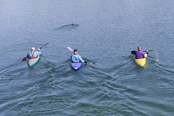 Image showing Three rowers with canoe recreate in a lake