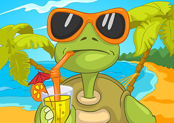 Image showing Cartoon of turtle drinking cocktail on the beach.