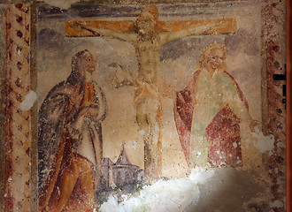 Image showing Jesus on the cross, fresco paintings in the old church