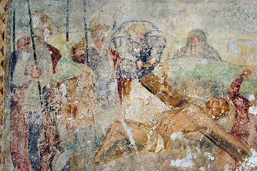 Image showing Jesus is nailed to the cross, fresco paintings in the old church