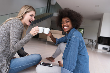 Image showing young multiethnic women sit on the floor and drinking coffee