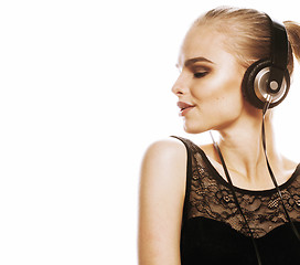 Image showing young sweet talented teenage girl in headphones singing isolated